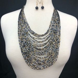 Long Dramatic Black Grey Bead Necklace Earring Set